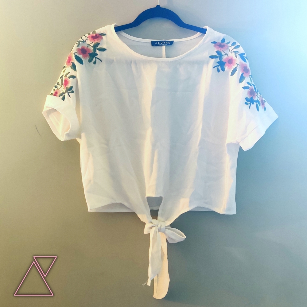 Floral Embroidered tie front Blouse